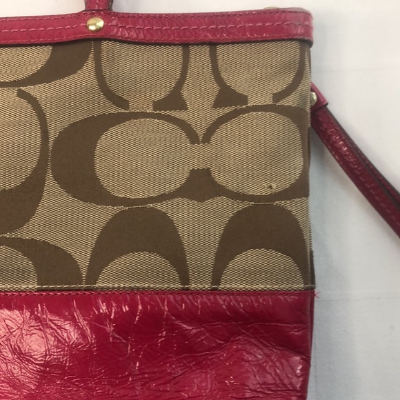 Coach Khaki Signature Stripe Patent Shoulder Tote Red Bag Handbag 12429 - Picture 5 of 16
